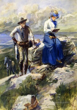 インディアナ カウボーイ Painting - 彼女は私に背を向け 平然とスケッチを続けた 1906年 チャールズ・マリオン・ラッセル インディアナ州のカウボーイ